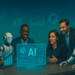 A team of professionals collaborating with advanced AI automation agents.
