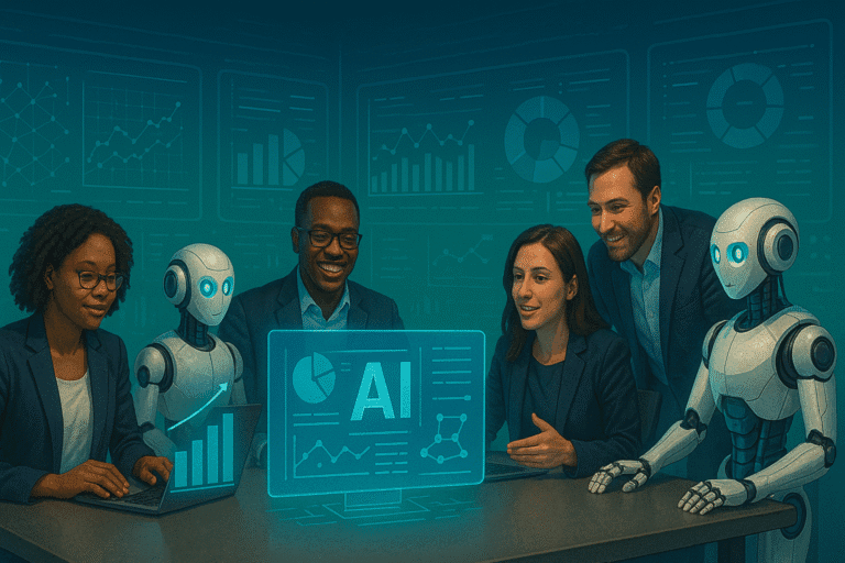A team of professionals collaborating with advanced AI automation agents.