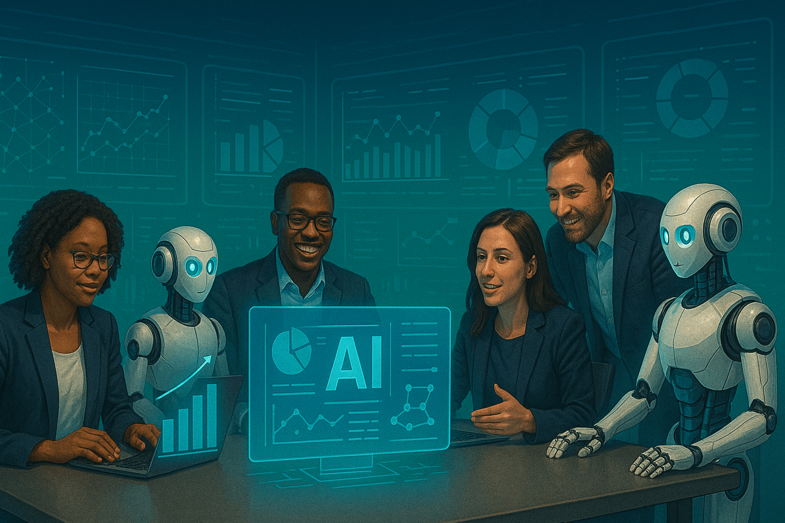A team of professionals collaborating with advanced AI automation agents.