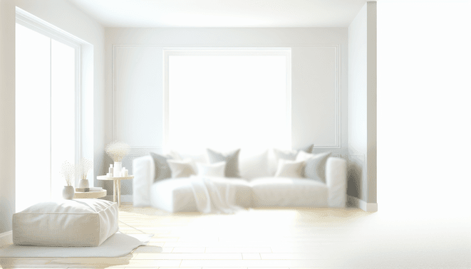 Bright, serene room showcasing minimalism with a decluttering guide, evoking peace and transformation.