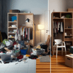 A serene living space meets chaotic clutter, symbolizing the journey from disorder to order.