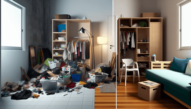 A serene living space meets chaotic clutter, symbolizing the journey from disorder to order.
